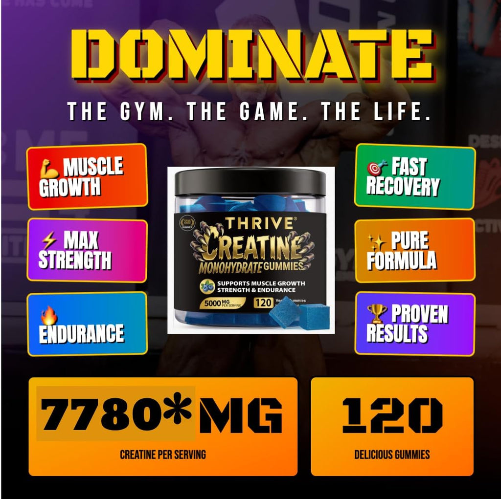 Vegan Creatine Monohydrate Gummies by One Thrive Nutrition, 120 high potency gummies supporting muscle growth and strength.