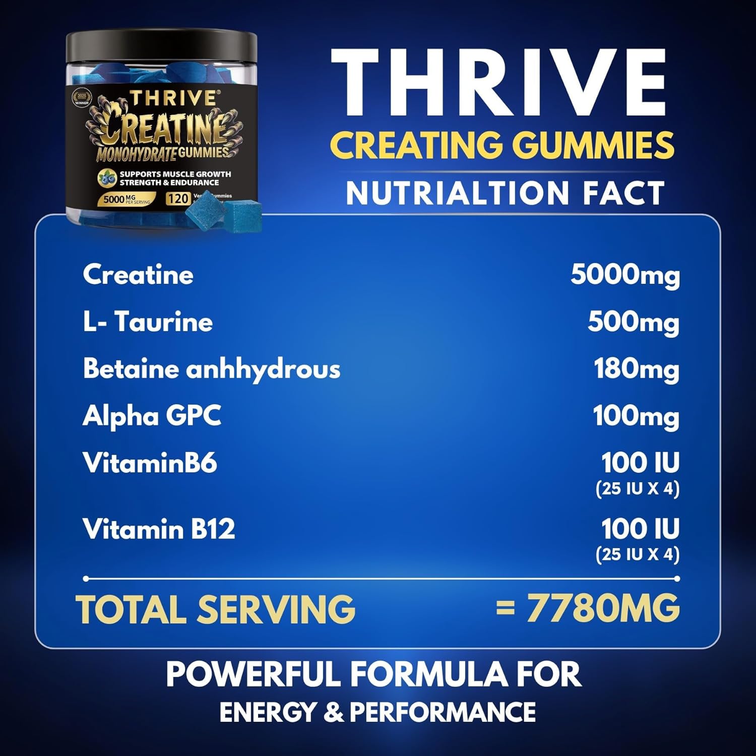 Creatine Monohydrate Gummies by One Thrive Nutrition, 120 vegan gummies supporting muscle growth, strength, and endurance.