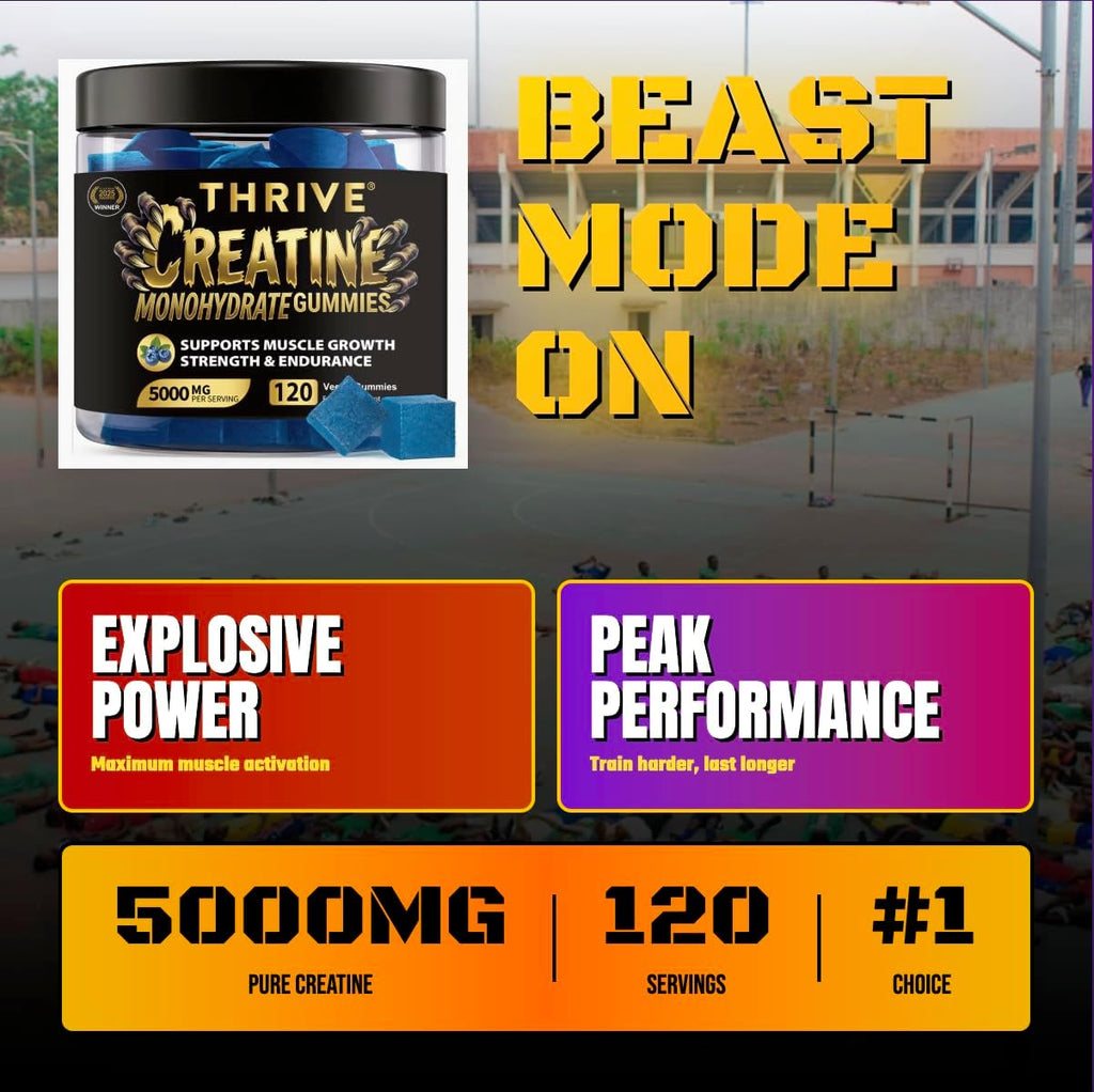 Vegan Creatine Monohydrate Gummies by One Thrive Nutrition, 120 high potency gummies for muscle growth, strength, and endurance.