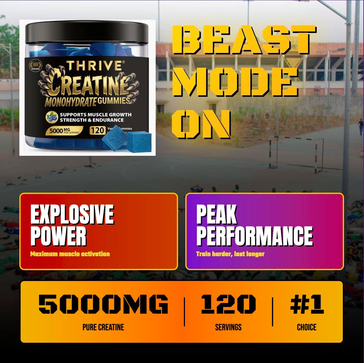 Vegan Creatine Monohydrate Gummies by One Thrive Nutrition, 120 high potency gummies for muscle growth, strength, and endurance.