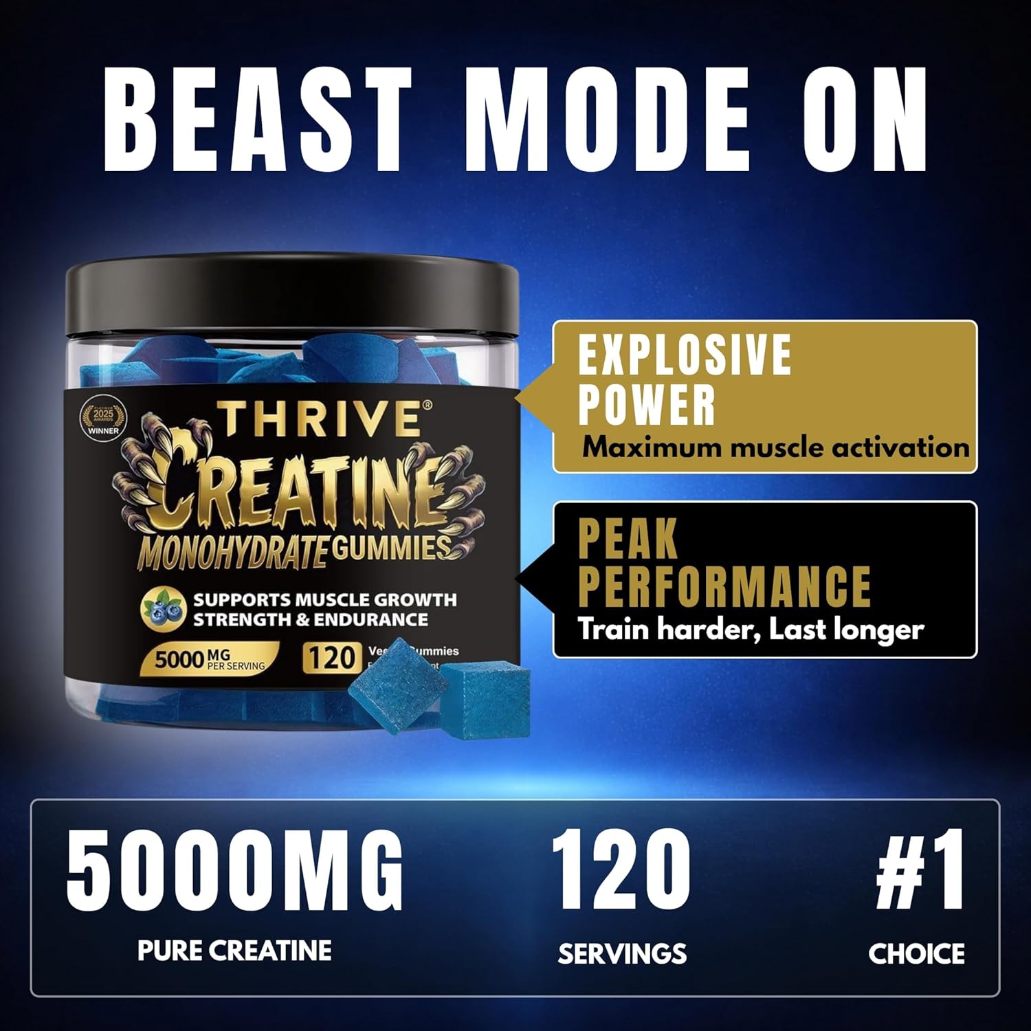 Vegan Creatine Monohydrate Gummies by One Thrive Nutrition, 120 high potency muscle growth and endurance supplement gummies.