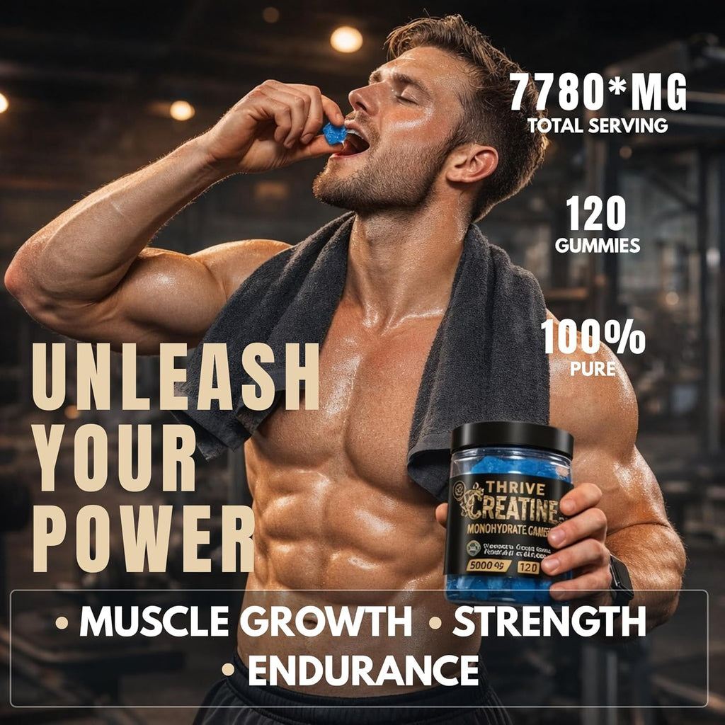 Creatine Monohydrate Gummies by One Thrive Nutrition, 120 vegan high potency gummies supporting muscle growth, strength, and endurance.